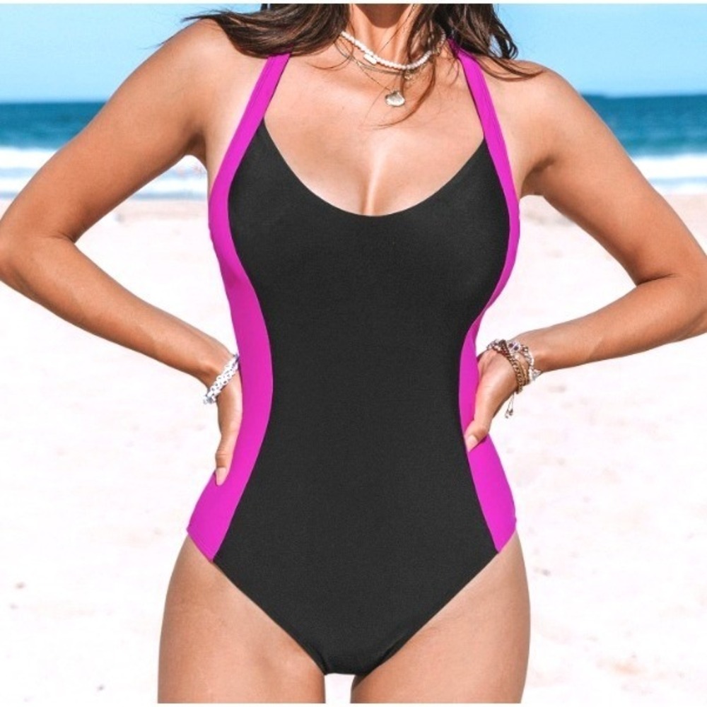 CUPSHE NWT Women's Small Black Fuchsia Pink Colorblock One Piece Swimsuit Resort